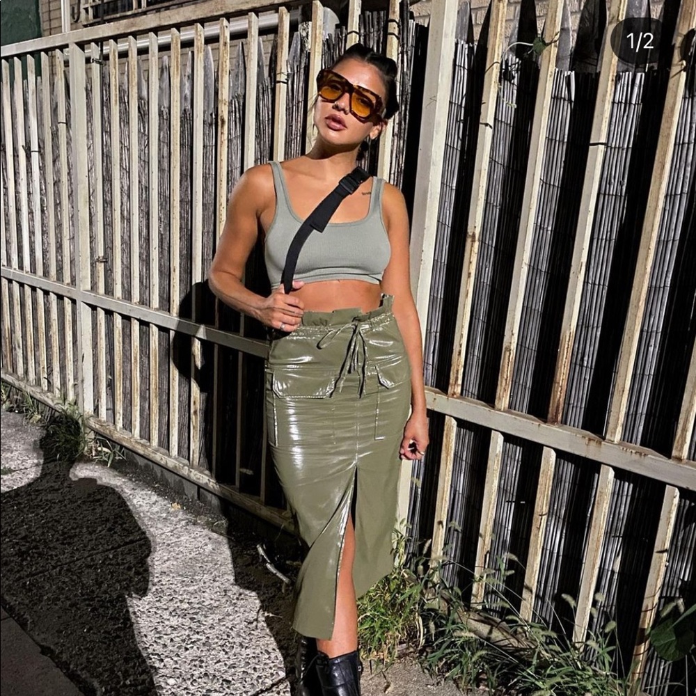 ZARA Olive Paper Bag Midi Skirt